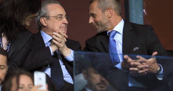 皇马主席兼欧超联主席弗洛伦蒂诺与欧足联主席切费林