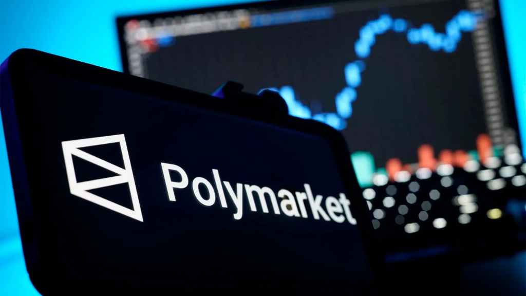 Polymarket 品牌标识与背景行情曲线，象征预测市场交易活跃。