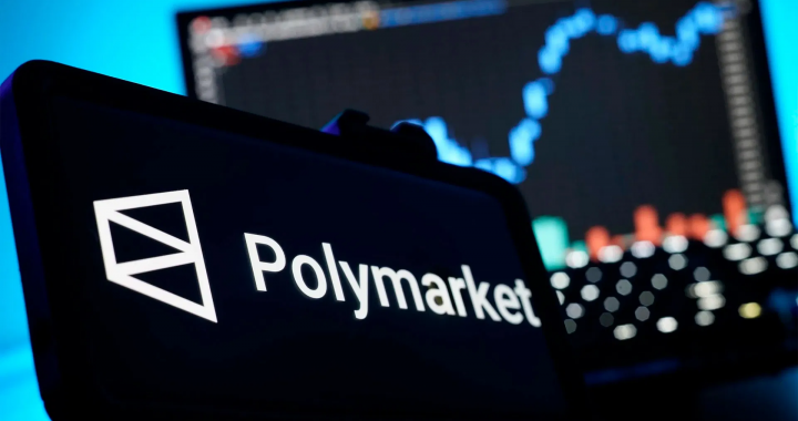 Polymarket 品牌标识与背景行情曲线，象征预测市场交易活跃。