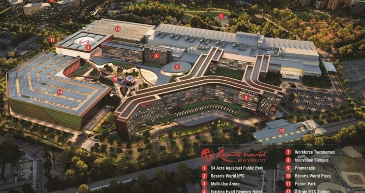 纽约名胜世界扩建总体鸟瞰效果图，标注酒店、会展与公共空间