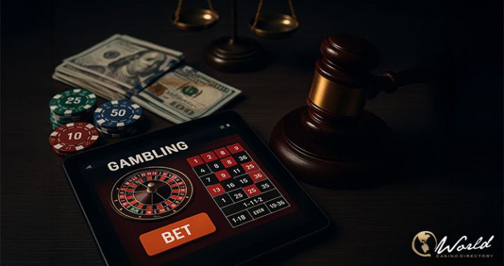 平板显示线上轮盘与下注按钮的画面旁放置法槌与筹码