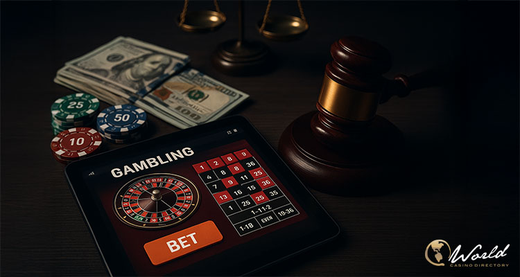 平板显示线上轮盘与下注按钮的画面旁放置法槌与筹码