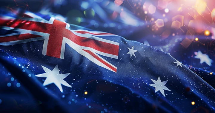 澳大利亚国旗与科技粒子背景，象征国家即将推进的反洗钱改革