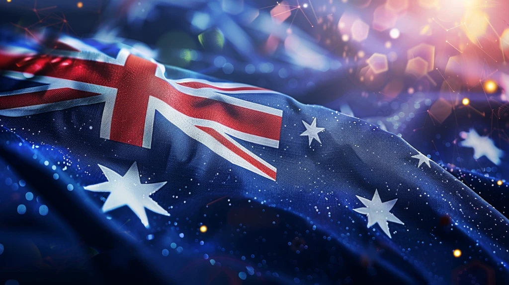澳大利亚国旗与科技粒子背景，象征国家即将推进的反洗钱改革