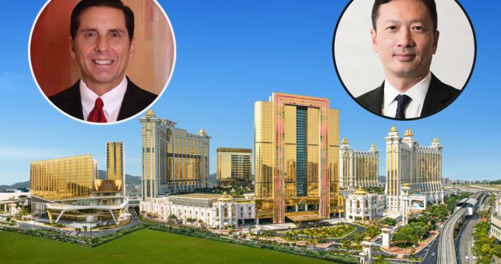 银河娱乐集团建筑群外景，配高层人事头像拼接的新闻配图