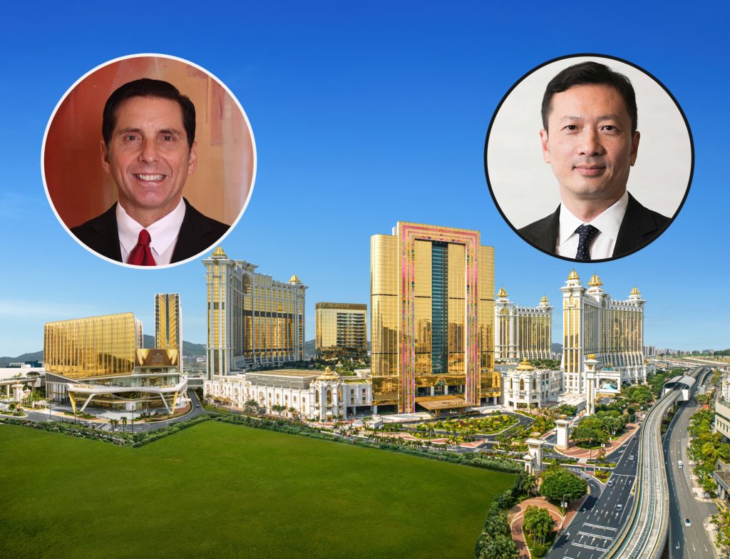 银河娱乐集团建筑群外景，配高层人事头像拼接的新闻配图