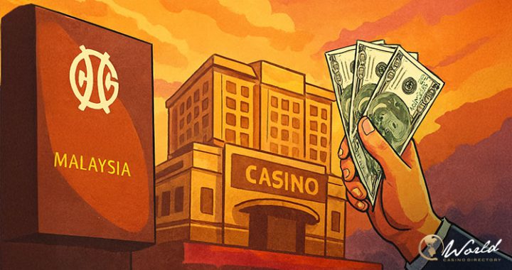 马来西亚赌场行业配图：手持美元纸币与“CASINO”建筑插画，象征并购资金安排