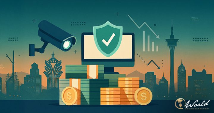 澳门城市剪影与资金、监控摄像头及合规盾牌的插画，象征赌场 AML 监管