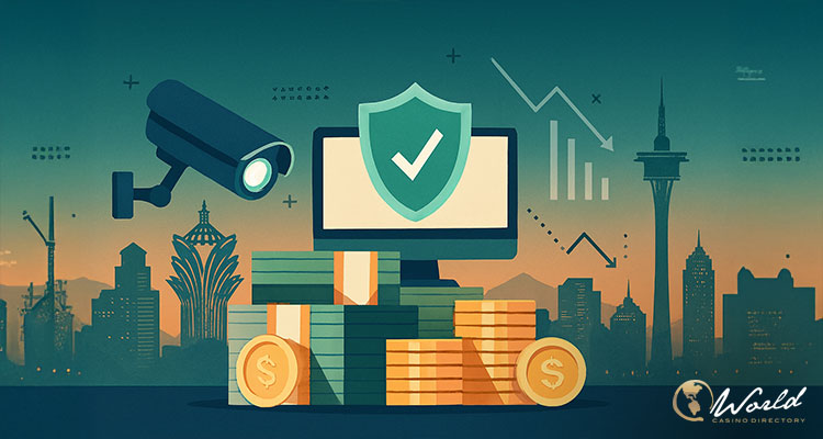 澳门城市剪影与资金、监控摄像头及合规盾牌的插画，象征赌场 AML 监管