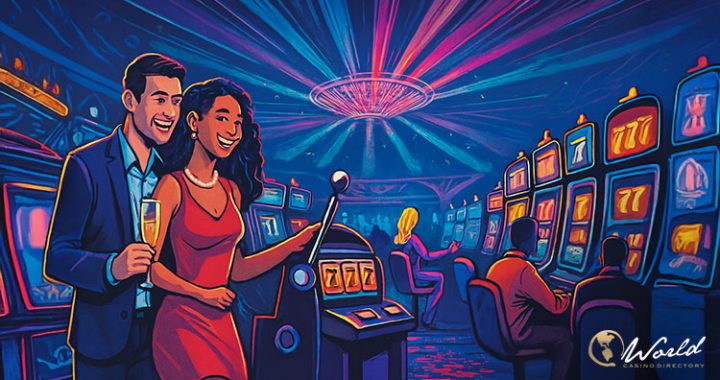 情侣在 Mohegan Sun 老虎机区娱乐的插画，突出夜间灯光与沉浸氛围