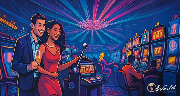 情侣在 Mohegan Sun 老虎机区娱乐的插画，突出夜间灯光与沉浸氛围