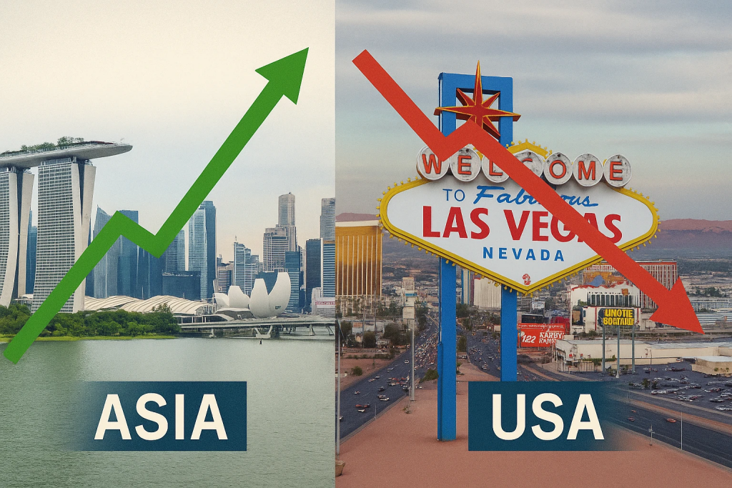 亚洲与美国博彩对比图：新加坡天际线配上绿色上升箭头，对比拉斯维加斯招牌与红色下降箭头，直观呈现东西方走势分化。
