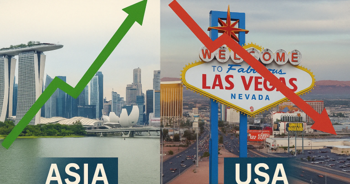 亚洲与美国博彩对比图：新加坡天际线配上绿色上升箭头，对比拉斯维加斯招牌与红色下降箭头，直观呈现东西方走势分化。