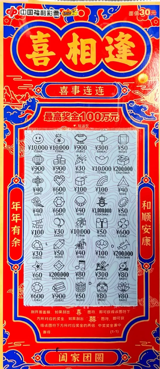 中国福利彩票“喜相逢”刮刮乐票面实拍 中出100万元头奖