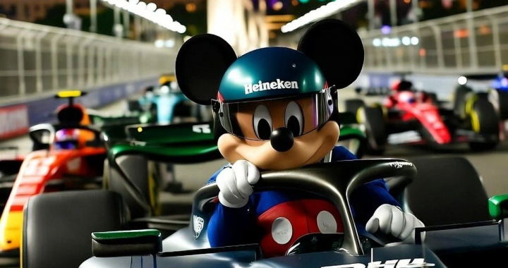 米老鼠驾驶F1赛车参加拉斯维加斯大奖赛，象征迪士尼与F1合作举办“Fuel the Magic”活动，融合速度与魔法的跨界体验。