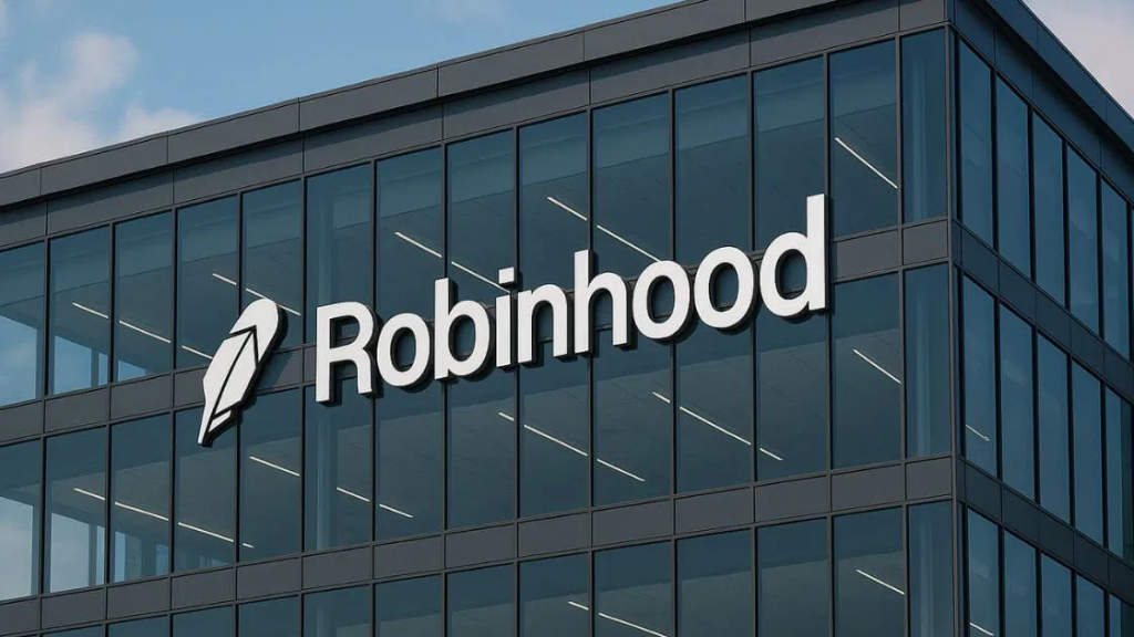 Robinhood 总部大楼外观，展示品牌标志与玻璃幕墙。