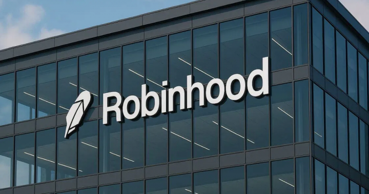 Robinhood 总部大楼外观，展示品牌标志与玻璃幕墙。
