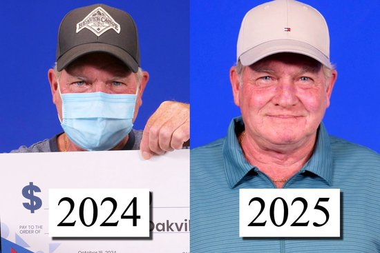 加拿大男子两次中奖对比照：2024年与2025年领奖照片并列