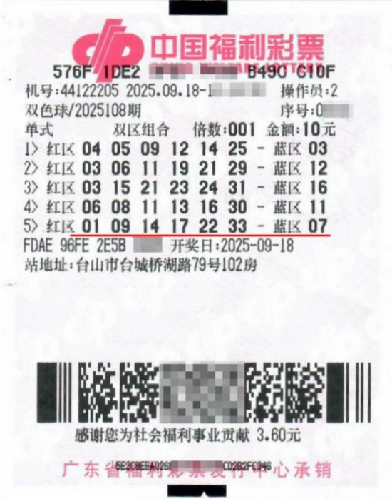 中国福利彩票双色球彩票票面特写，印有期号2025108、江门台城站点编号与多组号码及二维码，用家人生日号组合中奖的真实票据。