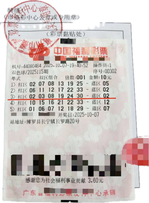 中国福利彩票双色球第2025115期中奖彩票票面特写，显示惠州博罗县站点、5注单式号码以及中奖注，突出546万元一等奖信息。