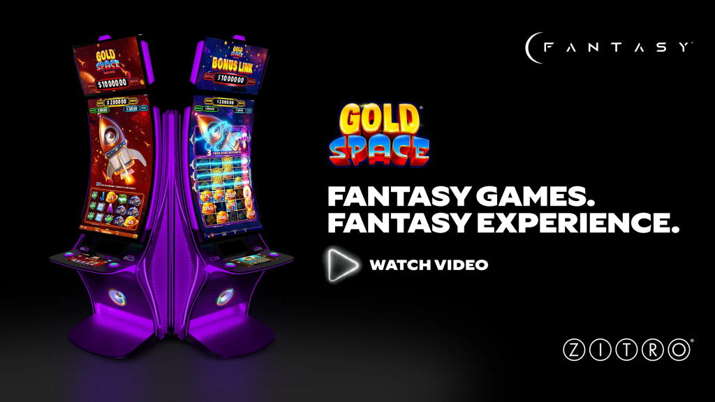 Zitro FANTASY 机台展示图：双屏幕设计，紫色灯效照亮《黄金空间》游戏界面，视觉冲击强烈。