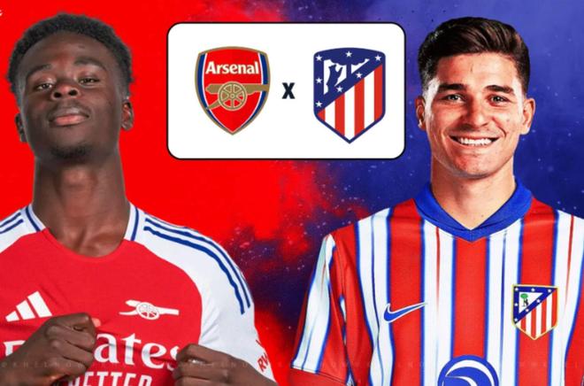 欧冠阿森纳对马竞赛前海报 薩卡与阿尔瓦雷斯同框 中央为两队队徽 预告伦敦酋长球场焦点战