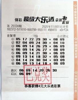 中国体彩大乐透中奖彩票实拍，显示多组号码与开奖期号的28元套餐票样张