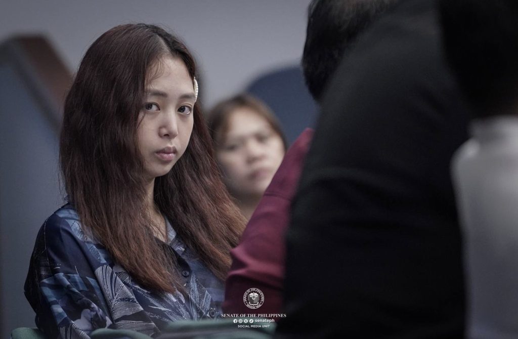 菲律宾POGO案件关键人物卡桑德拉·翁在参议院听证会上。她因人口贩运指控被国际刑警组织通缉。