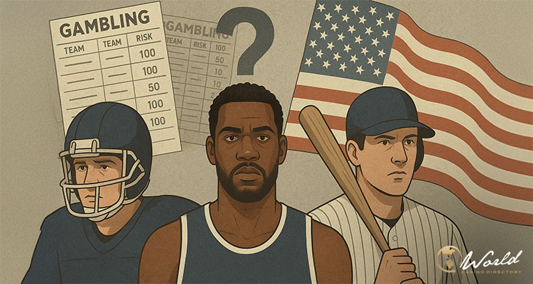 美国体育与博彩调查插画：三位运动员、投注清单与国旗元素，象征公众对运动员诚信的质疑