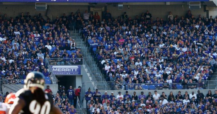 一张体育场内观众席的照片，大量穿着紫色球衣的观众聚集在看台上观看比赛。背景记分牌显示着比赛数据，上方有 “FanDuel AROUND THE LEAGUE” 的广告，暗示体育博彩与美国职业体育赛事的紧密结合。