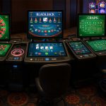 肯塔基州新批准的HHR电子桌面游戏终端，展示轮盘、二十一点与骰宝等多主题界面，提升赛马博彩竞争力的示意图