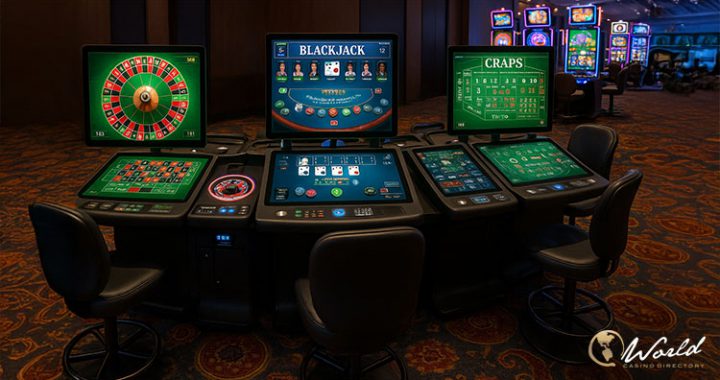 肯塔基州新批准的HHR电子桌面游戏终端，展示轮盘、二十一点与骰宝等多主题界面，提升赛马博彩竞争力的示意图