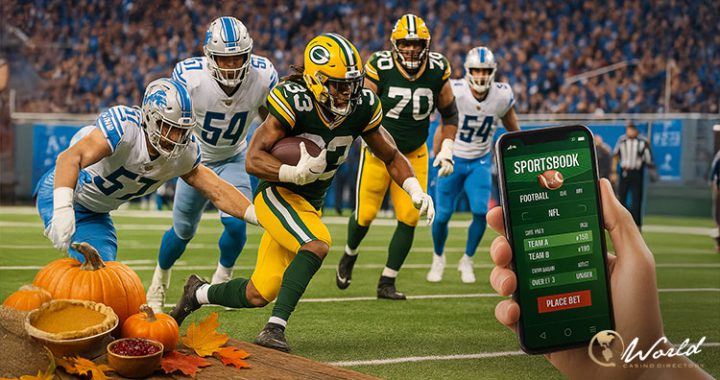 一幅结合了感恩节元素与 NFL 美式足球比赛的图片。前景桌面摆放着南瓜、南瓜派和秋叶，一名手持智能手机的手正在操作一个显示 "SPORTSBOOK" 界面的体育博彩应用程序。背景是正在激烈进行的 NFL 比赛，球员们在球场上奔跑。此图象征感恩节期间，体育博彩市场对 NFL 赛事的大规模投注预期。