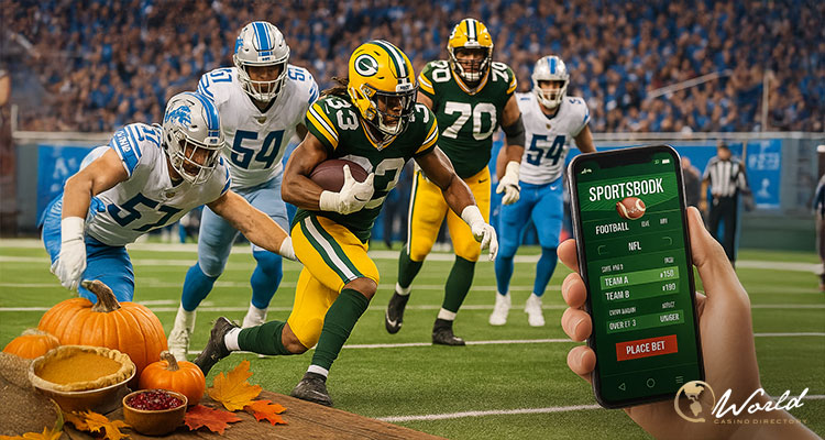一幅结合了感恩节元素与 NFL 美式足球比赛的图片。前景桌面摆放着南瓜、南瓜派和秋叶，一名手持智能手机的手正在操作一个显示 "SPORTSBOOK" 界面的体育博彩应用程序。背景是正在激烈进行的 NFL 比赛，球员们在球场上奔跑。此图象征感恩节期间，体育博彩市场对 NFL 赛事的大规模投注预期。