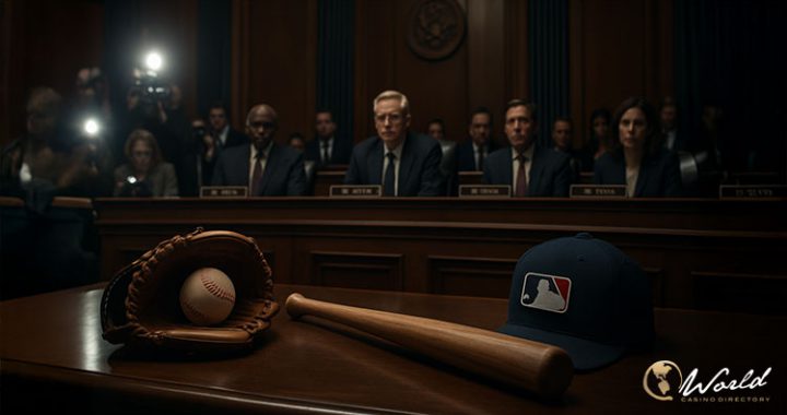 在国会听证会上，棒球手套、球棒和 MLB 标志棒球帽放在桌上，代表对美国职业棒球诚信危机的调查