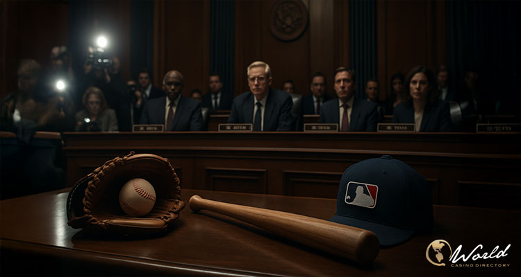 在国会听证会上，棒球手套、球棒和 MLB 标志棒球帽放在桌上，代表对美国职业棒球诚信危机的调查