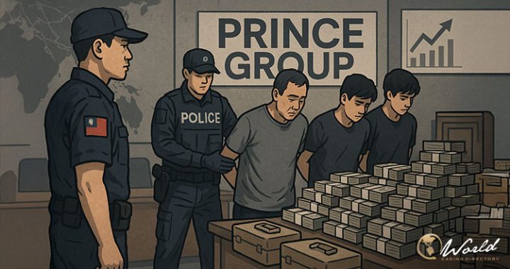 警方在办公室扣押巨额现金并带走涉案人员的插画，配有“PRINCE GROUP”标识与资产查封场景