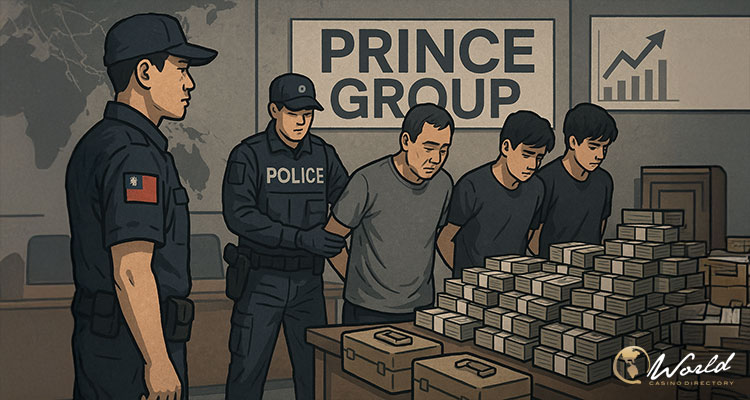 警方在办公室扣押巨额现金并带走涉案人员的插画，配有“PRINCE GROUP”标识与资产查封场景