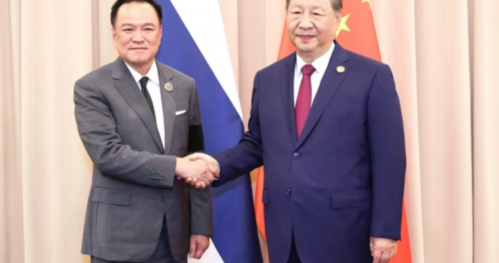 双边会晤现场，两国官员在国旗前握手合影，体现合作与友好交流主题。