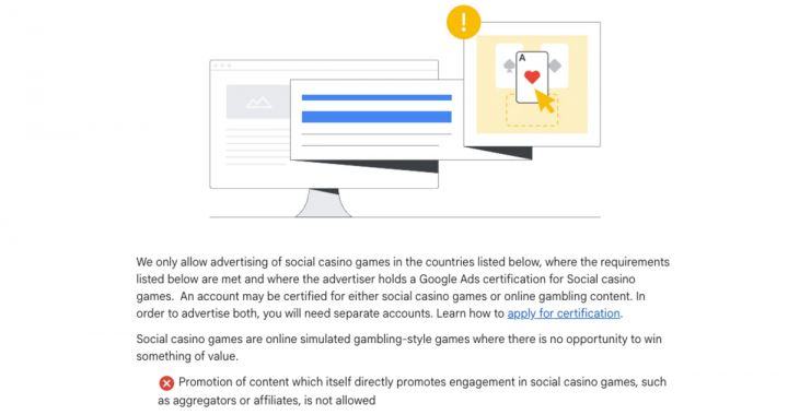 谷歌政策页面示意图：展示社交赌场广告规则更新，强调抽奖赌场不再属于社交游戏。