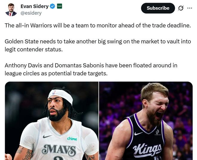 NBA名记曝光勇士潜在交易目标,配图为浓眉与小萨博尼斯的组合画面