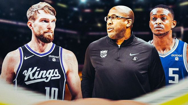 国王教练与两位核心球员的组合画面，象征球队面临管理与阵容挑战