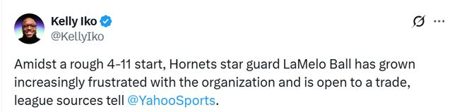 体育记者在社交平台发布关于黄蜂核心后卫愿意被交易的消息截图