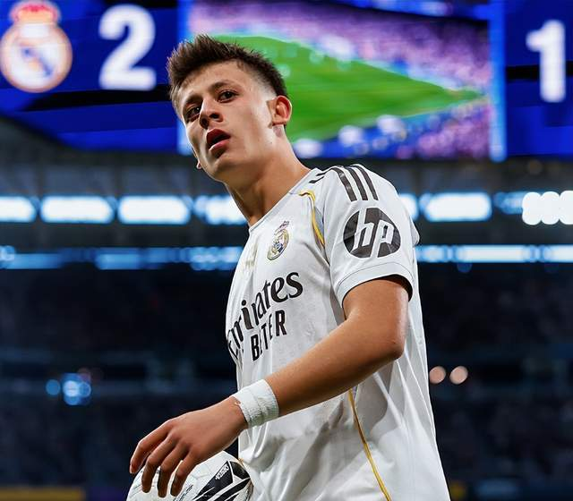 皇马年轻前锋手持比赛用球，回望记分牌的赛场瞬间