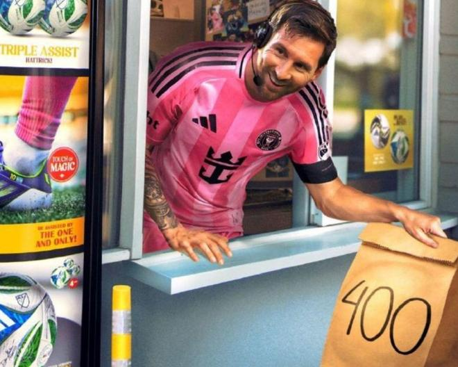 创意海报风格的梅西在窗口递出标注“400”的纸袋，象征400助攻达成与本场2射1传的高光表现。