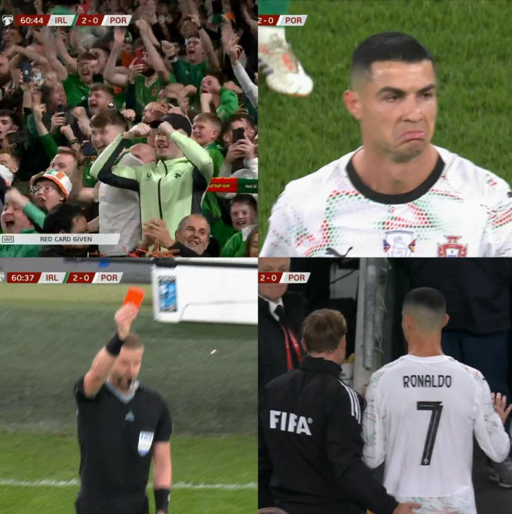 C罗禁区内争抢时报复性动作肘击对手,主裁判查看VAR将他红牌罚下,葡萄牙开始少打一人。