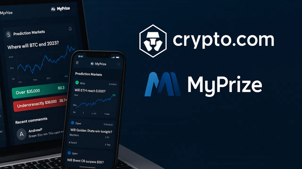 MyPrize与Crypto.com战略合作海报，展示手机端预测市场界面与品牌标识