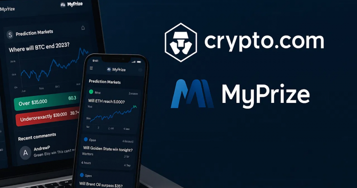 MyPrize与Crypto.com战略合作海报，展示手机端预测市场界面与品牌标识