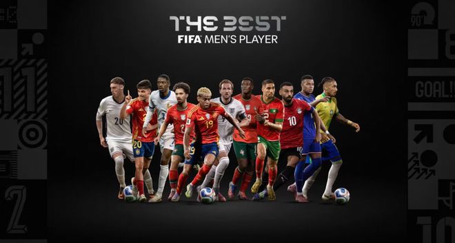 FIFA年度最佳男足球员宣传画，十余位国家队球员并列站位