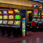 : 一排排灯光明亮的老虎机和电子赌桌，摆放在赌场内部，地面铺着红色地毯。